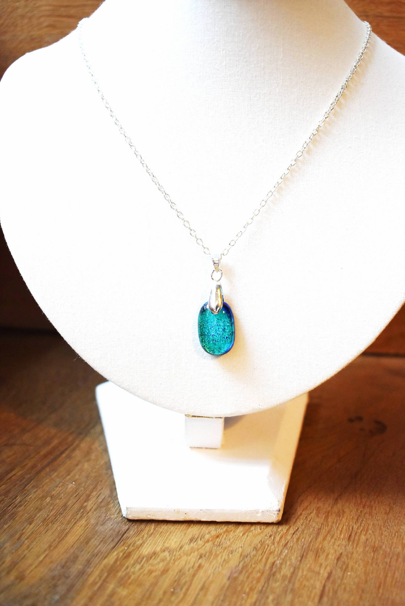 Sparkly Iridescent Blue Glass Pendant and Silver Plated Chain. Handmade Jewellery Gift