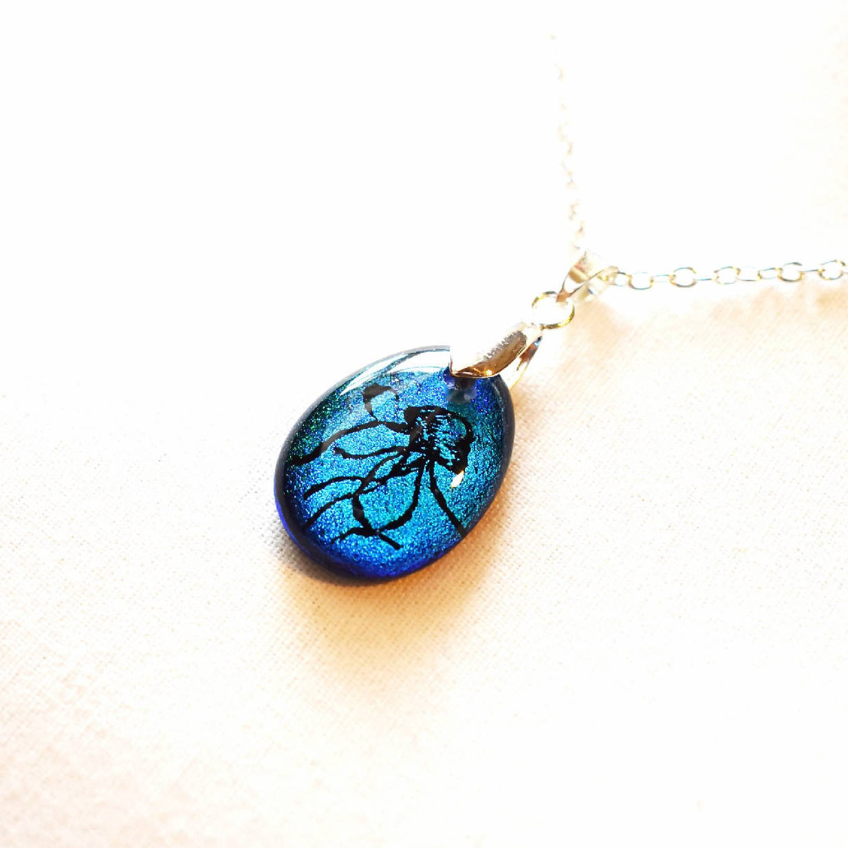 Sparkly Blue Glass Pendant and Silver Plated Chain. Handmade Jewellery Gift. Jellyfish Design.