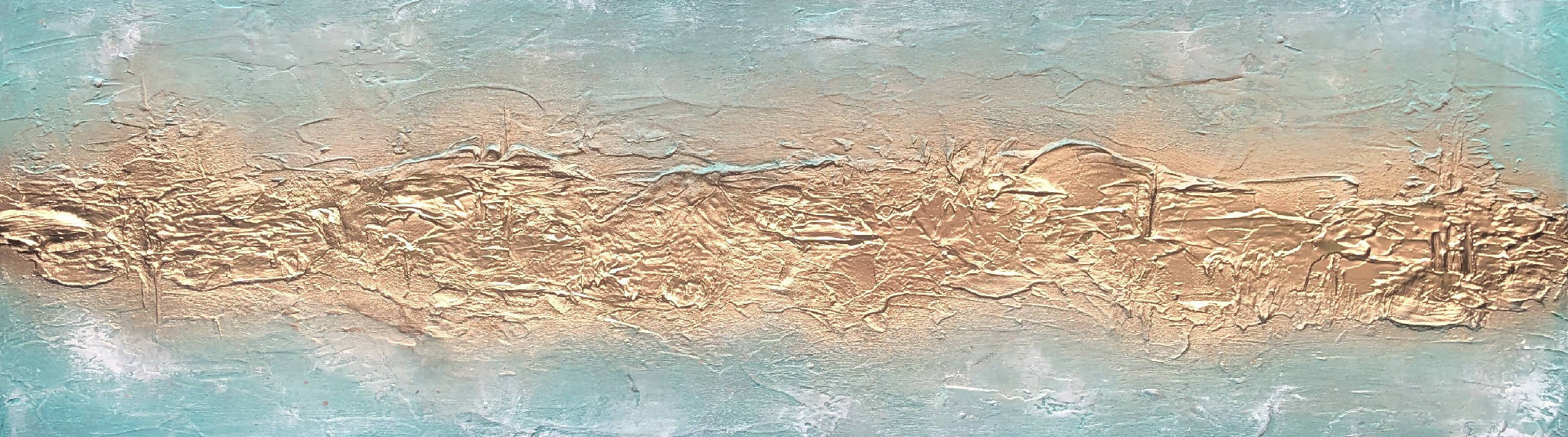 BEACH CHIC - A striking mixed media textured art canvas in weathered turquoise and metallic gold (102x30x4cm)