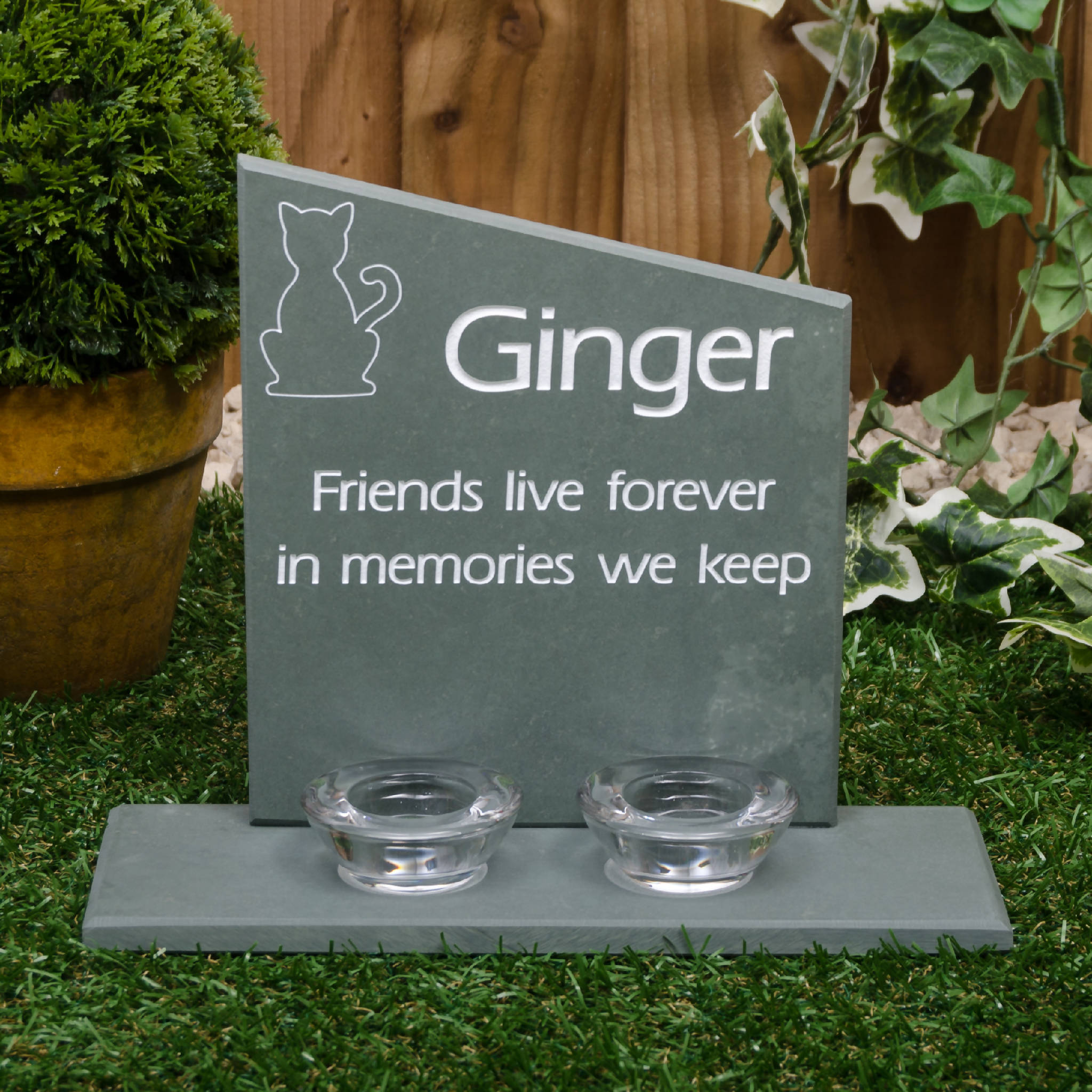 Personalised Green Slate Memorial Headstone On A Plinth With Tea Light Holders.