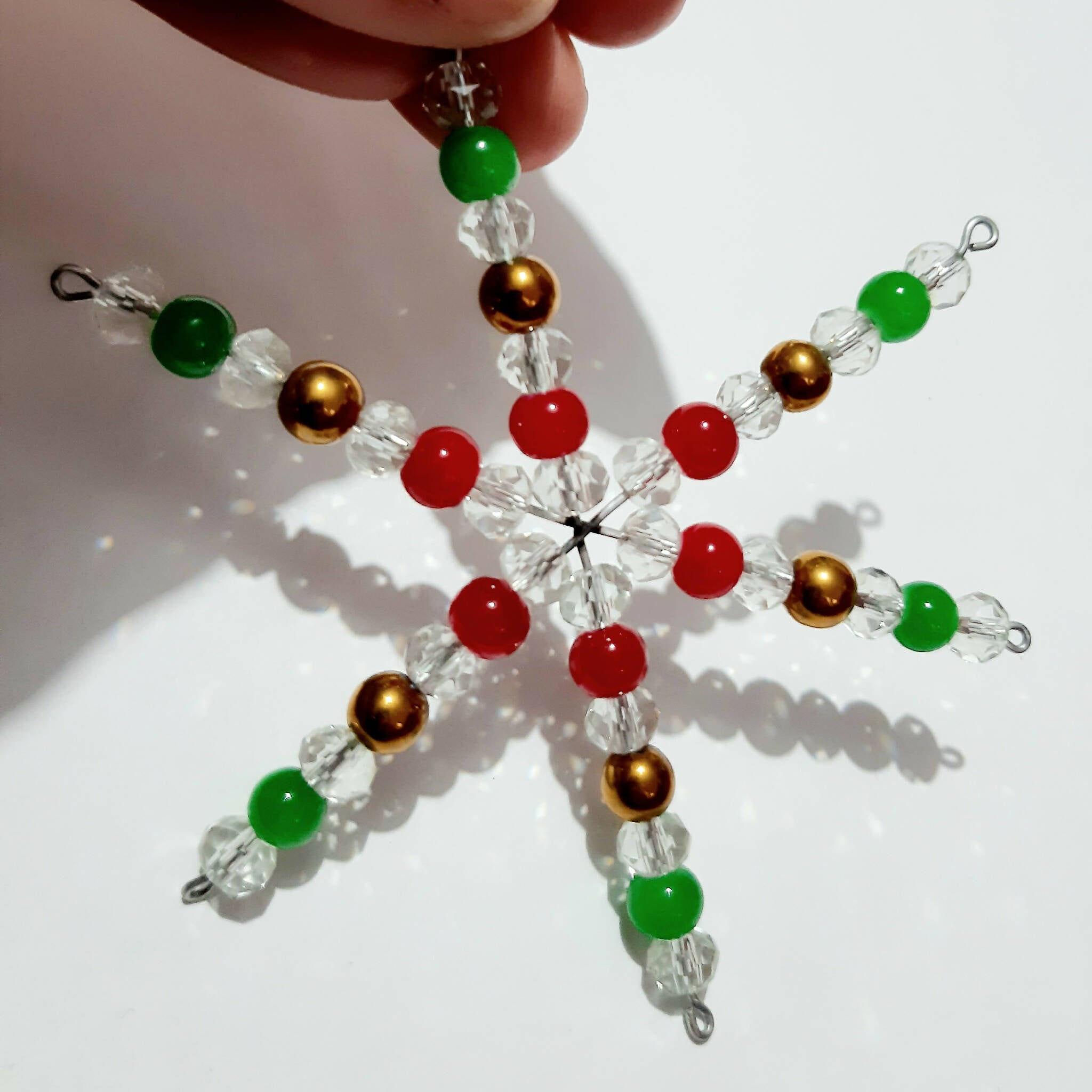 Trio of Christmas decorations, Beaded snowflakes set, beaded tree decorations