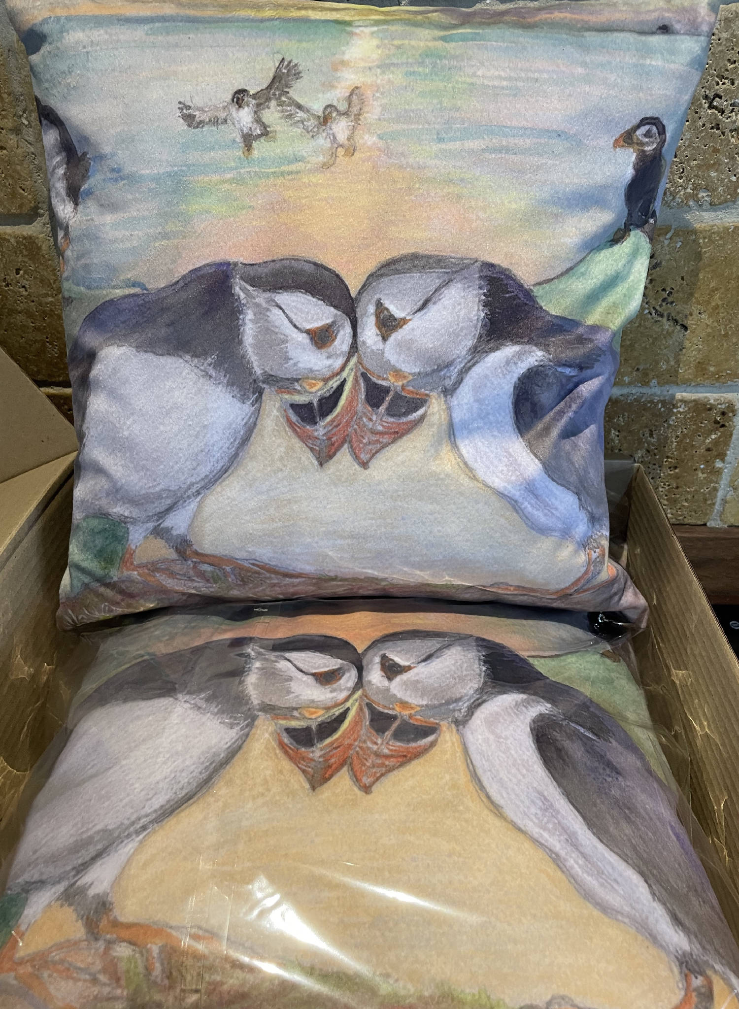 Valentine Puffin Love Feather Cushion