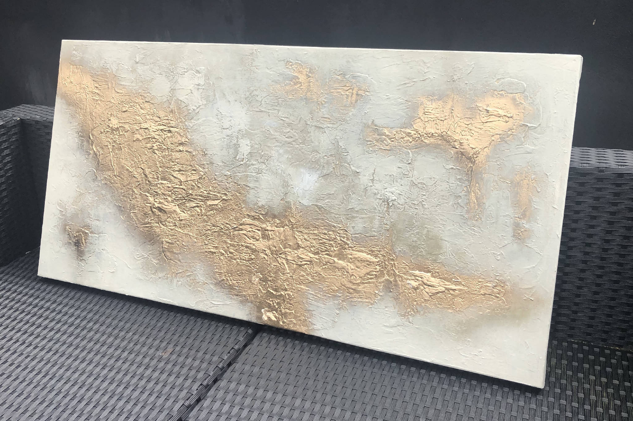 HALCYON - Striking mixed media textured art canvas in cream, soft grey and metallic gold (100x50x4cm)