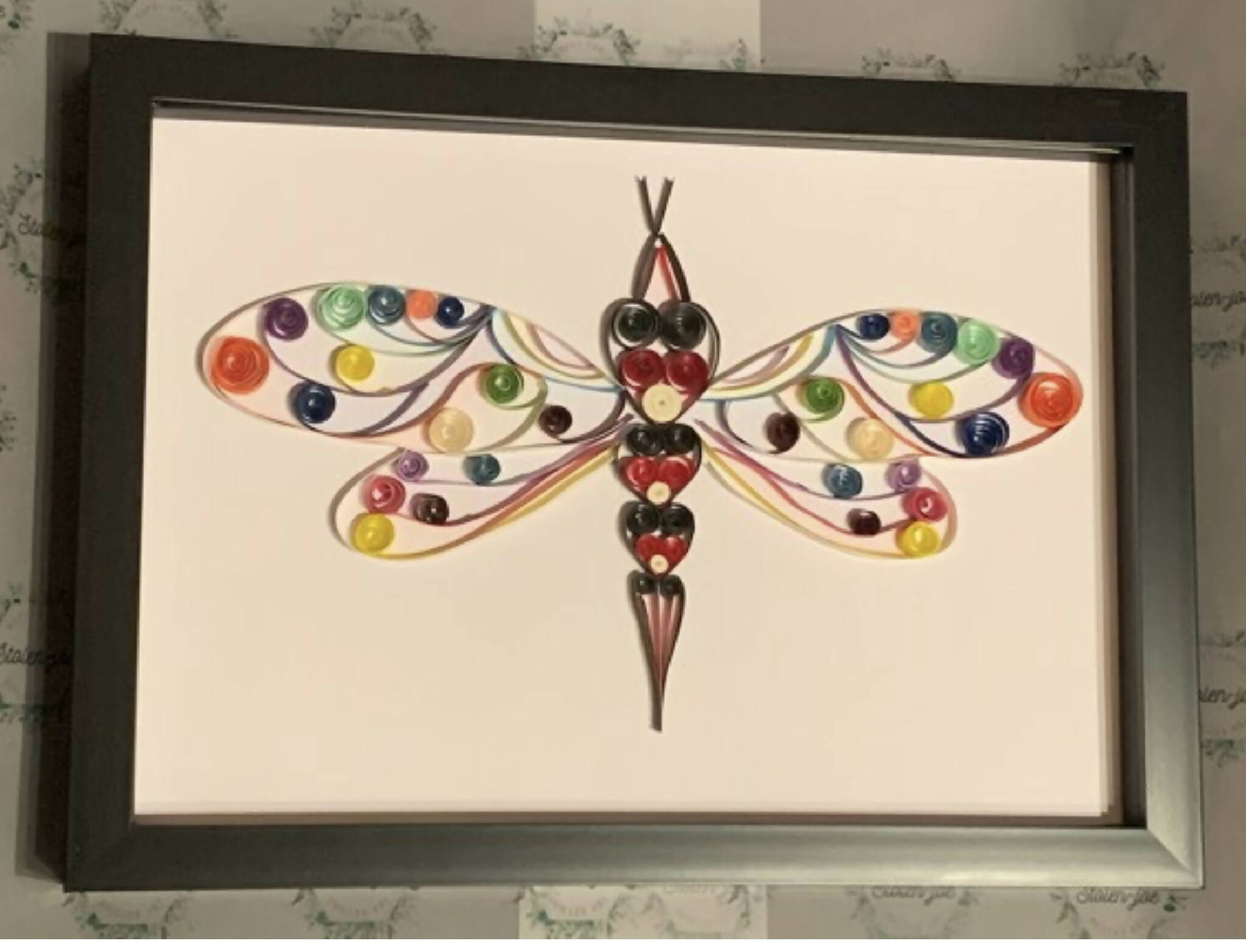 Framed dragonfly quilled art