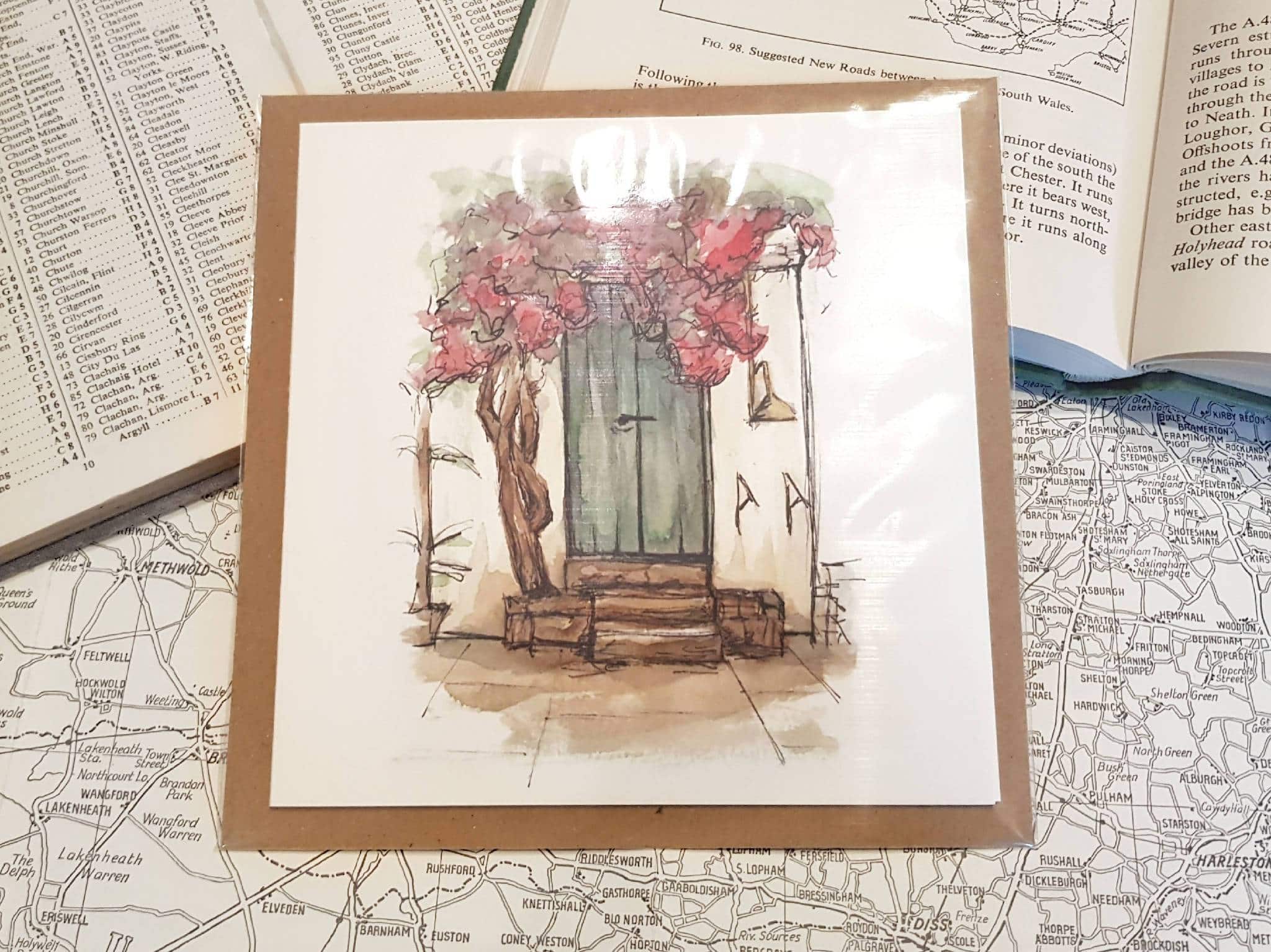 Greetings card of watercolour print of a green door