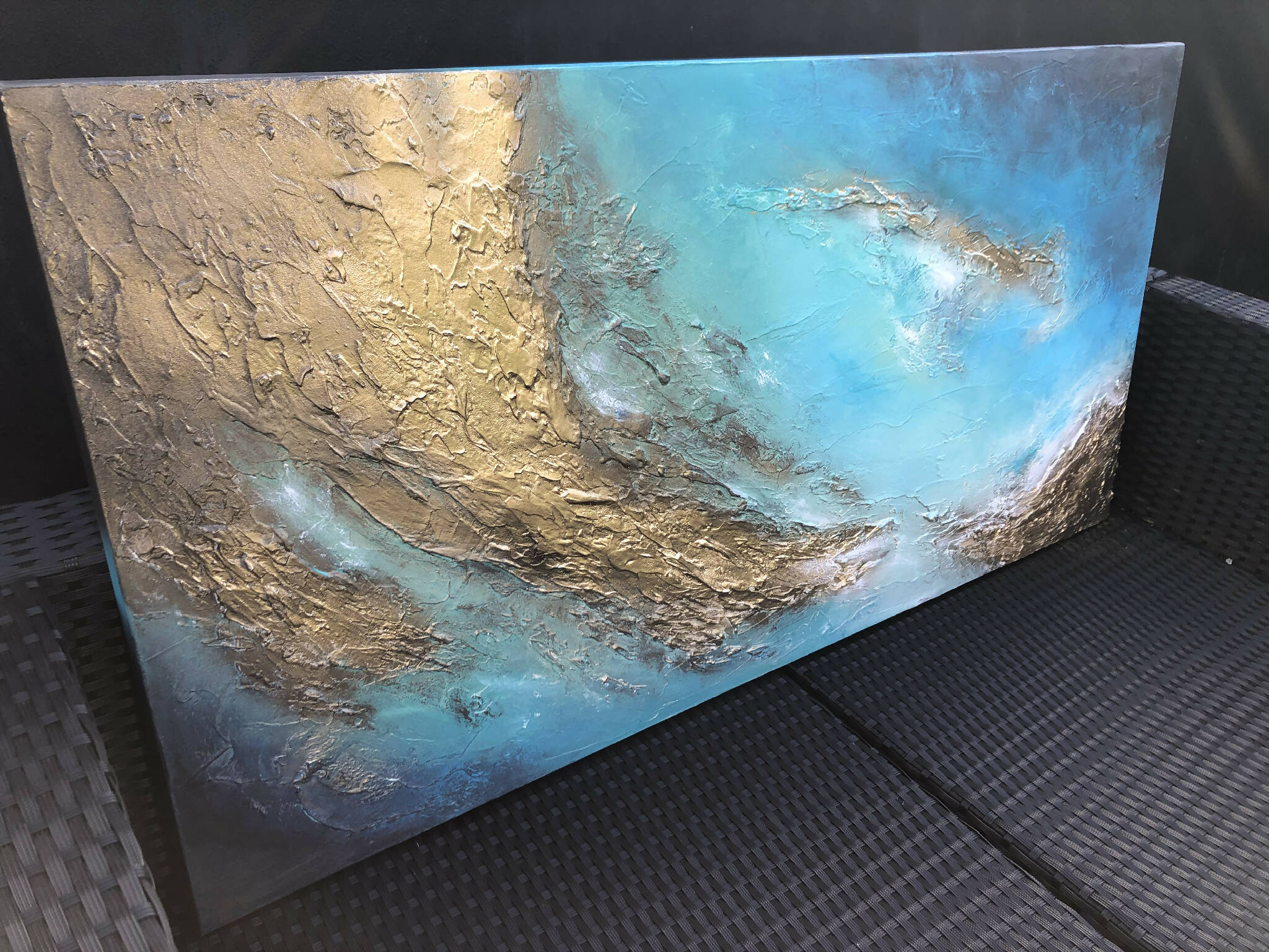 ISTHMUS - Beautiful textured art canvas in shades of jade, blue and gold