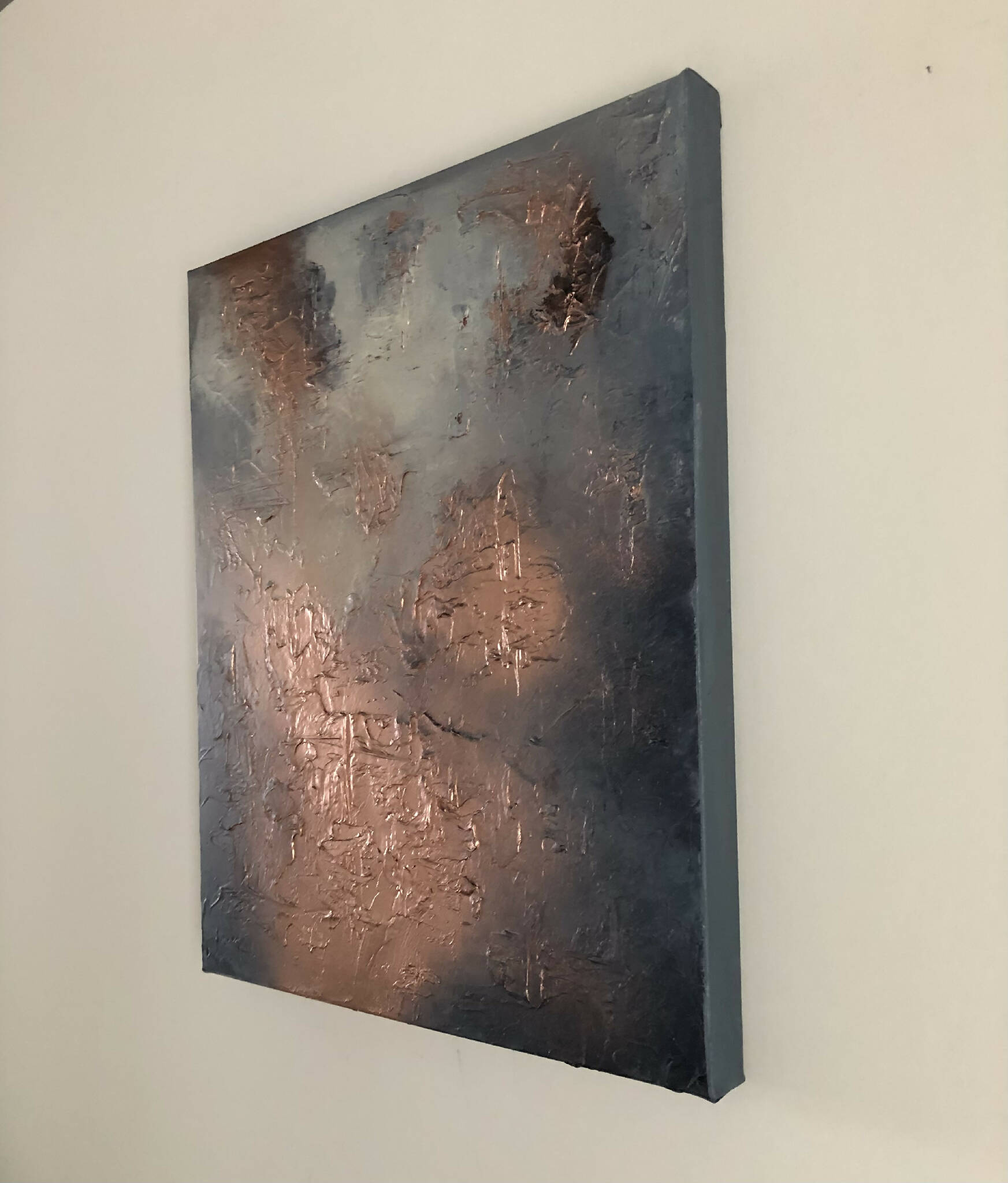 CONTEMPORARY PATINA - Navy, grey, cream and metallic copper textured art (92 x 56 x 4cm)