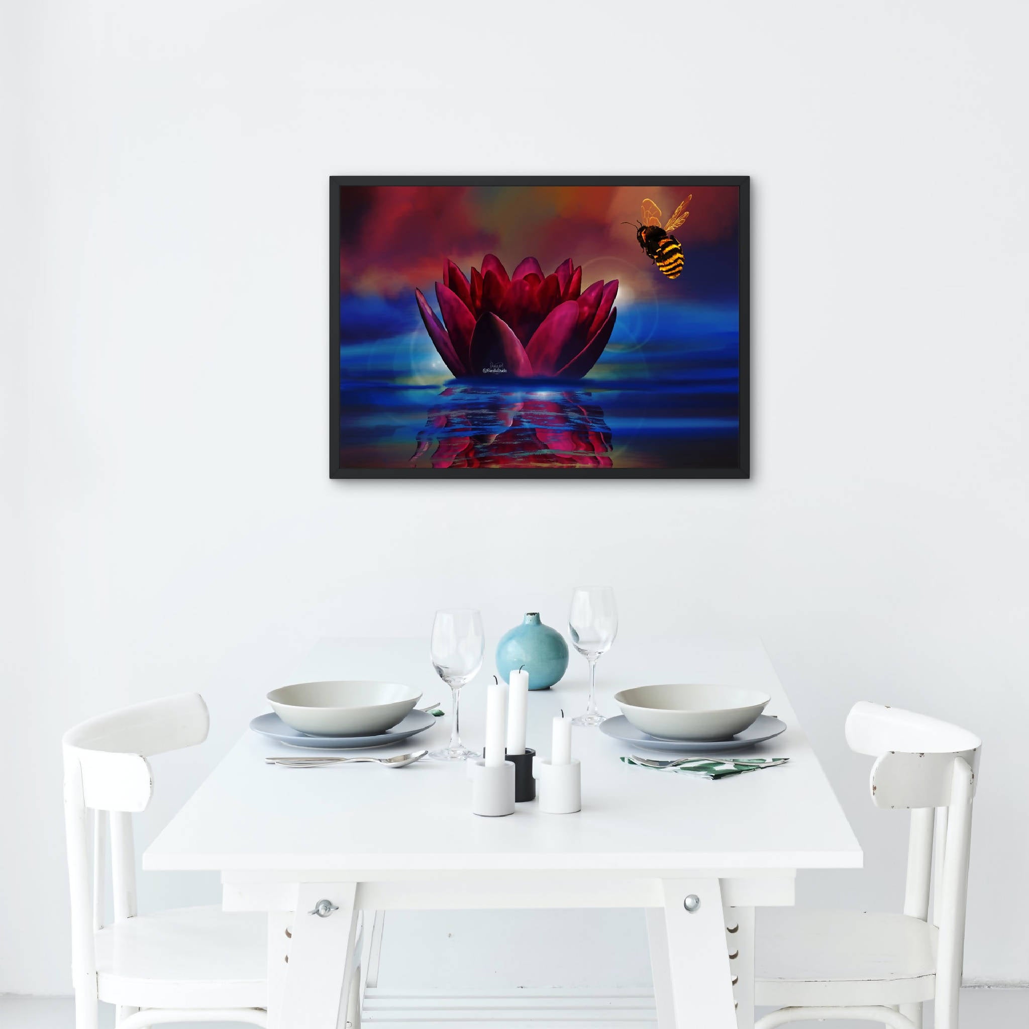 Waterlily and Bee Ocean Reflection | Digital Art Print | Midnight Halloween Decoration | Christmas Gift Ideas