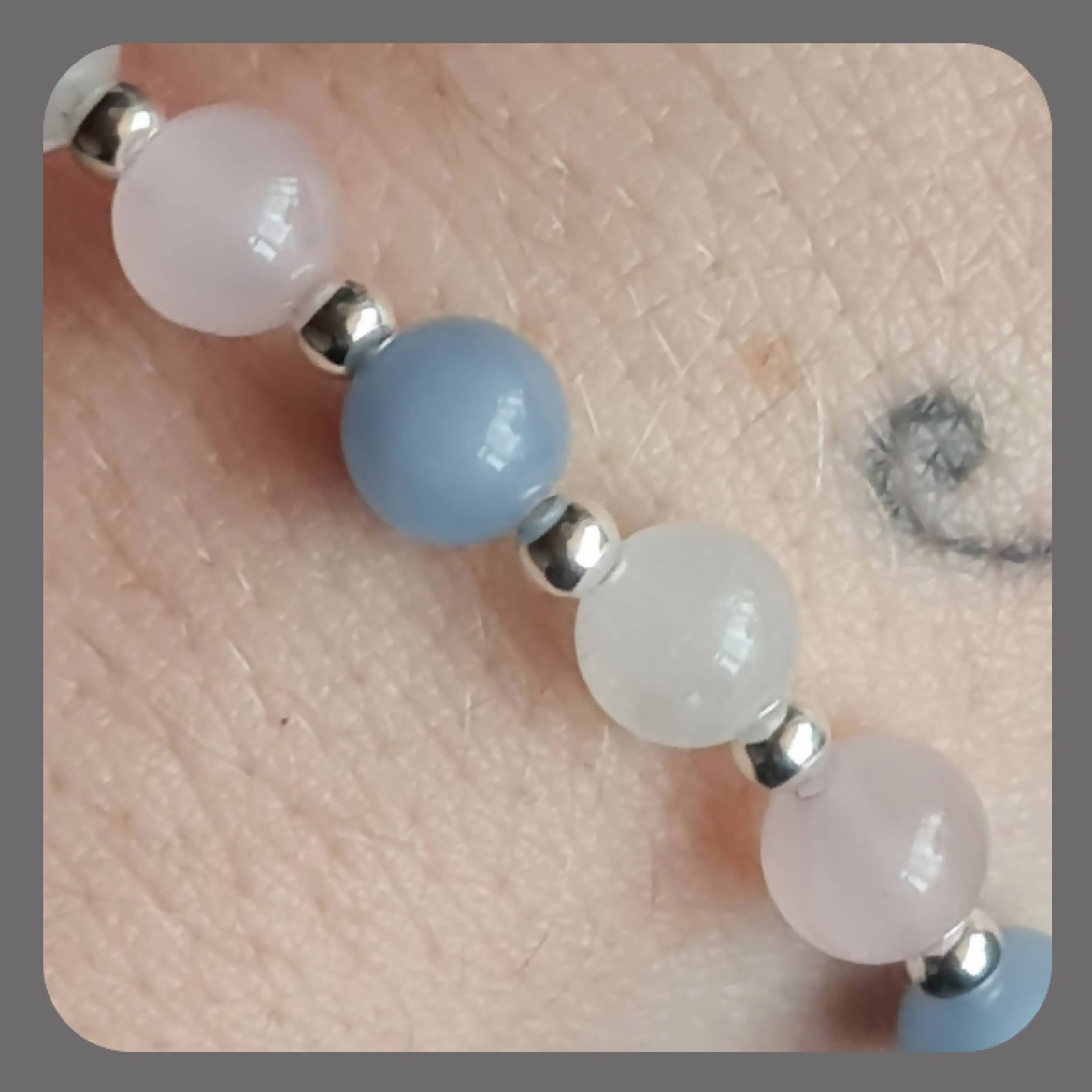 Rose Quartz, Angelite, White Jade and Sterling Silver Bracelet