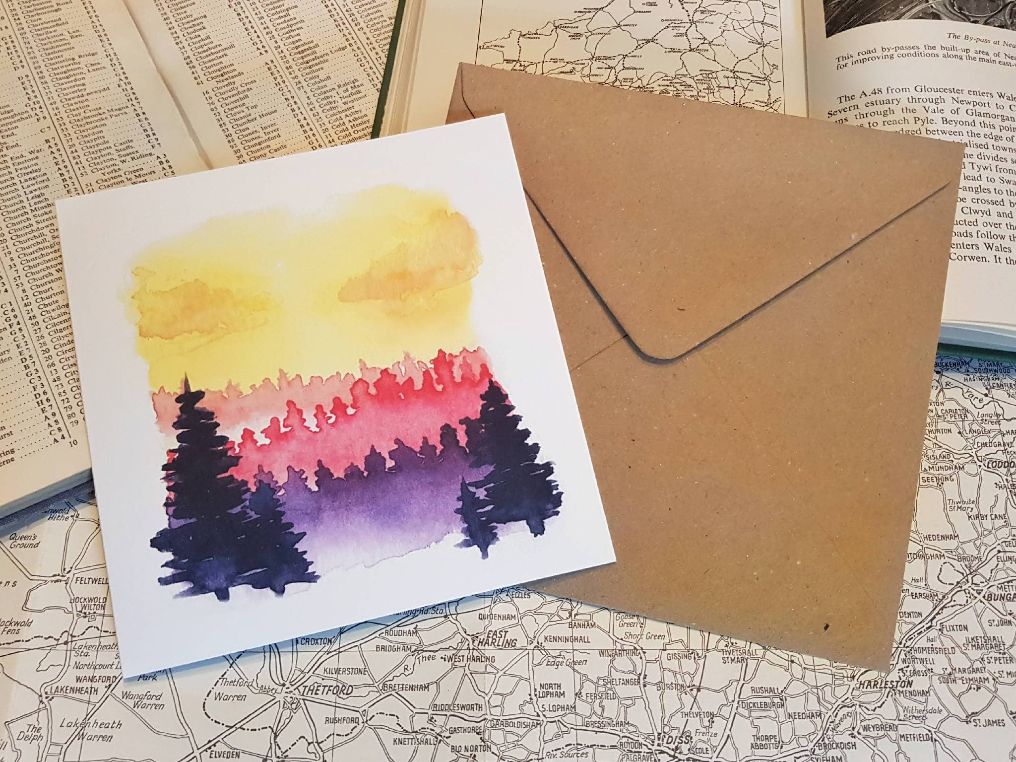 Greetings card of watercolour print of a bright forest