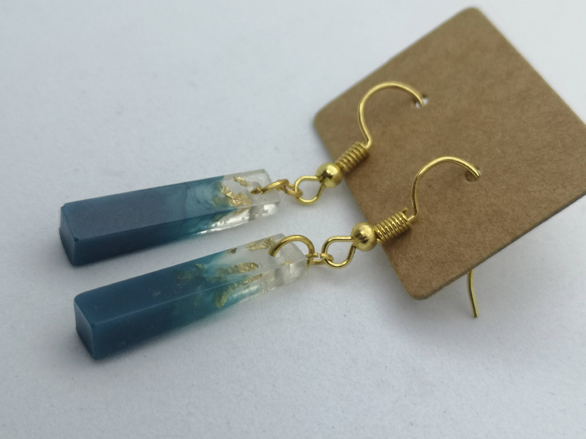 Teal & gold flake dangle earrings