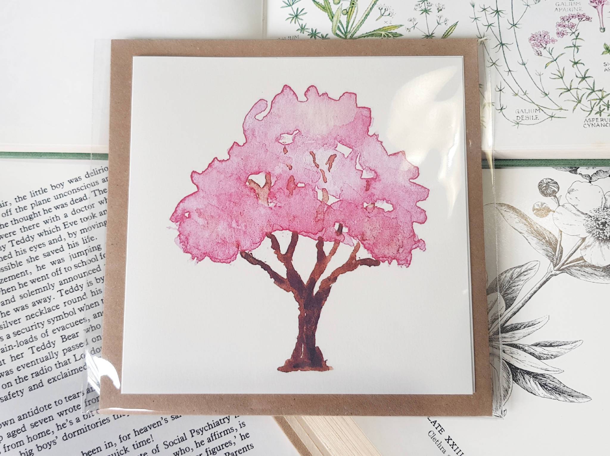 Greetings card of watercolour print of a cherry blossom tree