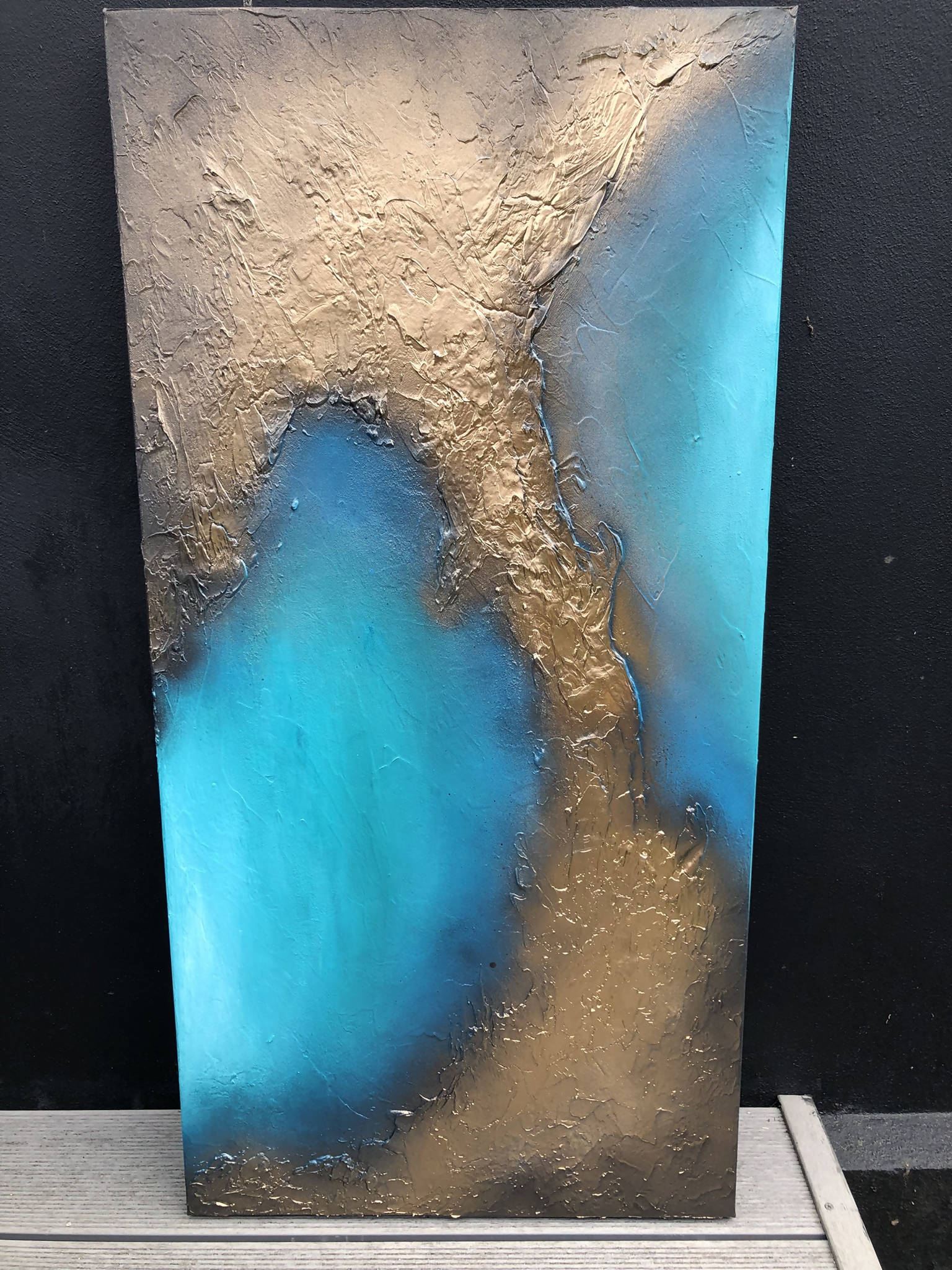 COASTAL BLISS - Striking gold and turquoise mixed media canvas (100x50x4cm)