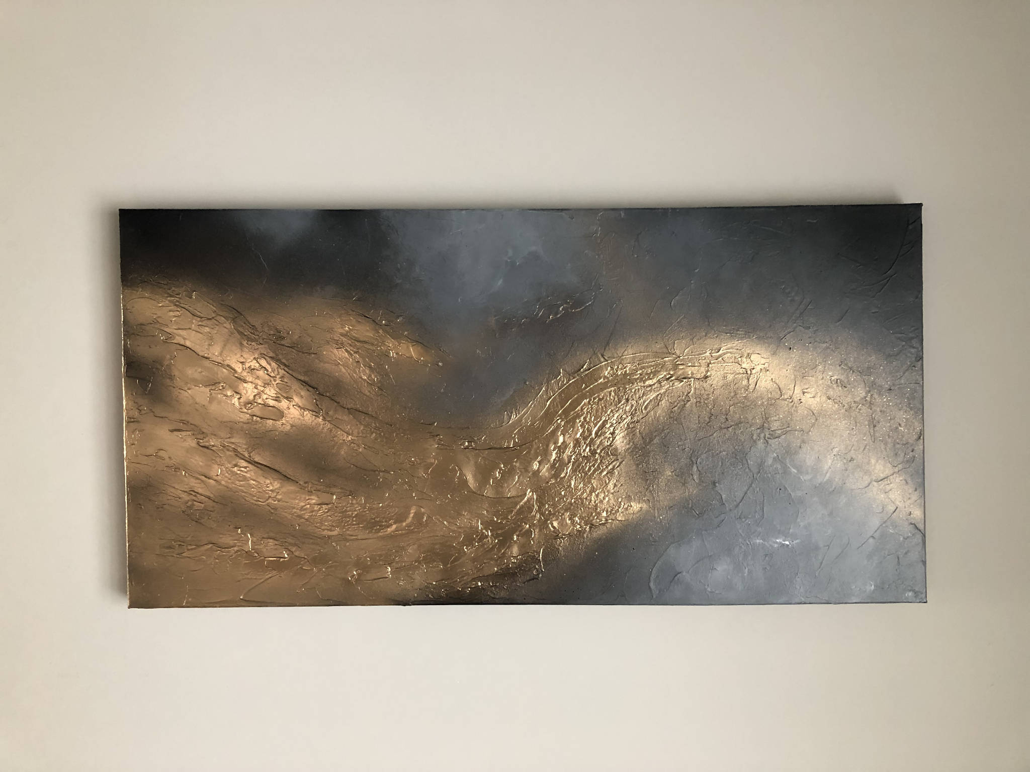 STORMY SEA - Dramatic mixed media acrylic canvas in greys and gold (100x50x4cm)