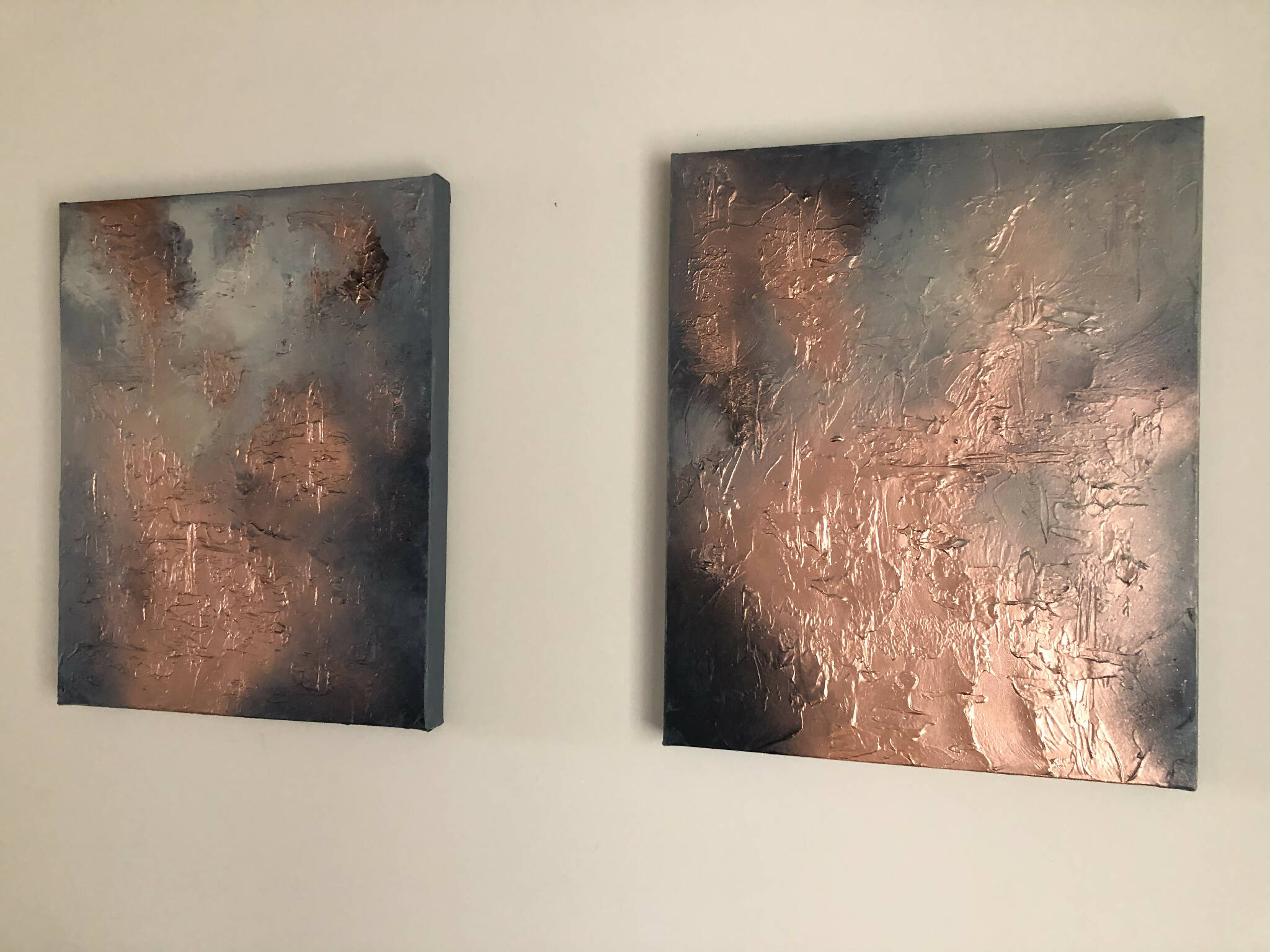 CONTEMPORARY PATINA - Navy, grey, cream and metallic copper textured art (92 x 56 x 4cm)