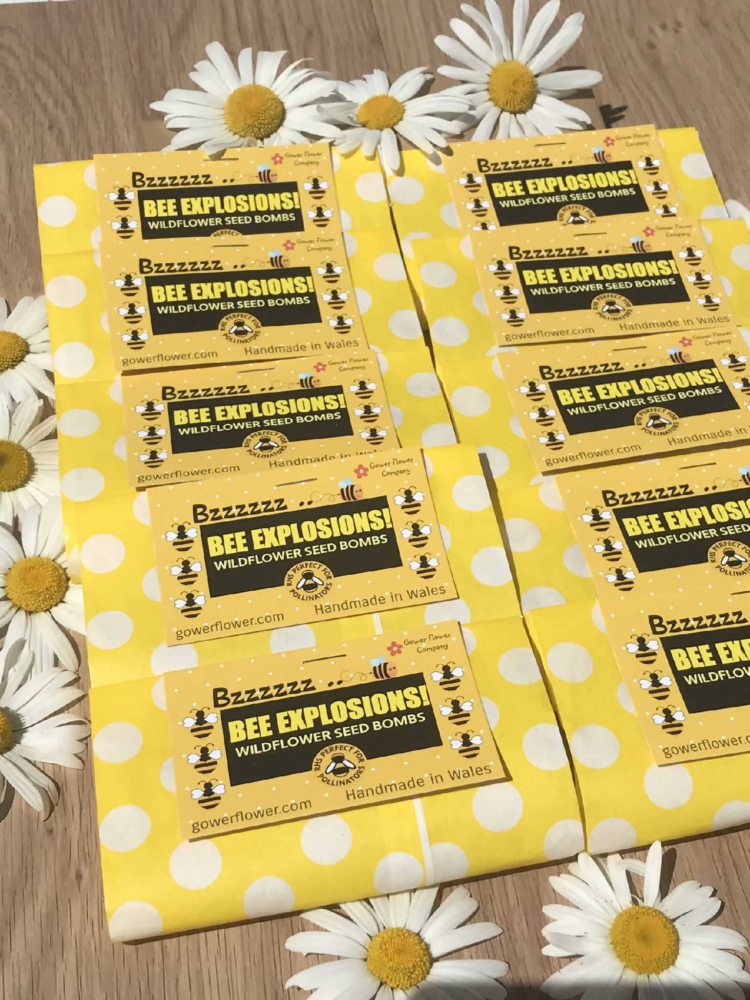 Bee Explosion Seed Bomb Party Pack - 1, 5 or 10 packs available. Each packet has 4 seed bombs inside and a product card/instructions