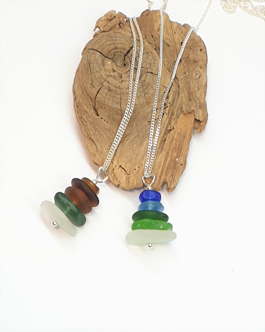 Stacked Seaglass Pendant and Sterling Silver Chain