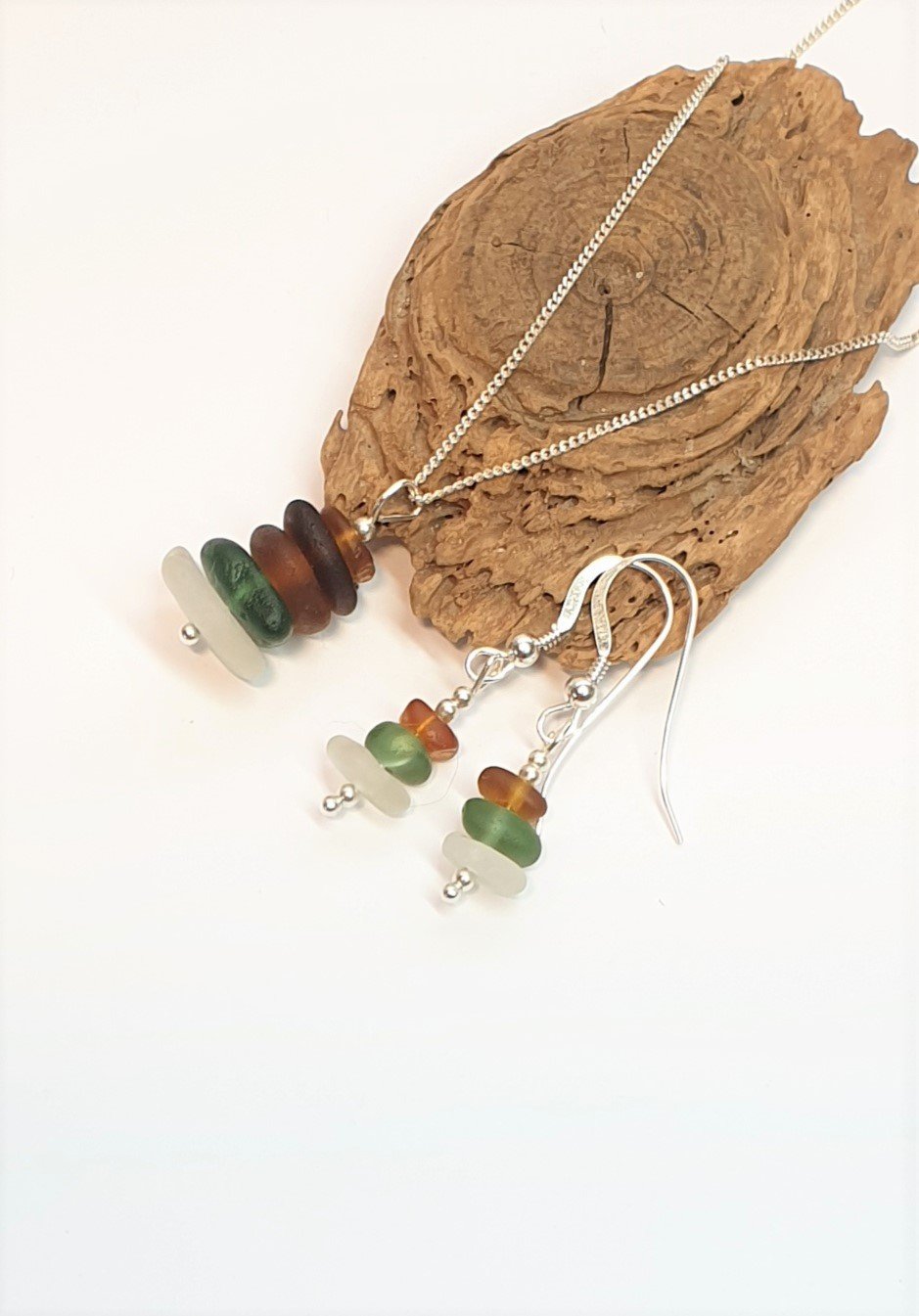 Stacked Seaglass Earrings and Pendant Set