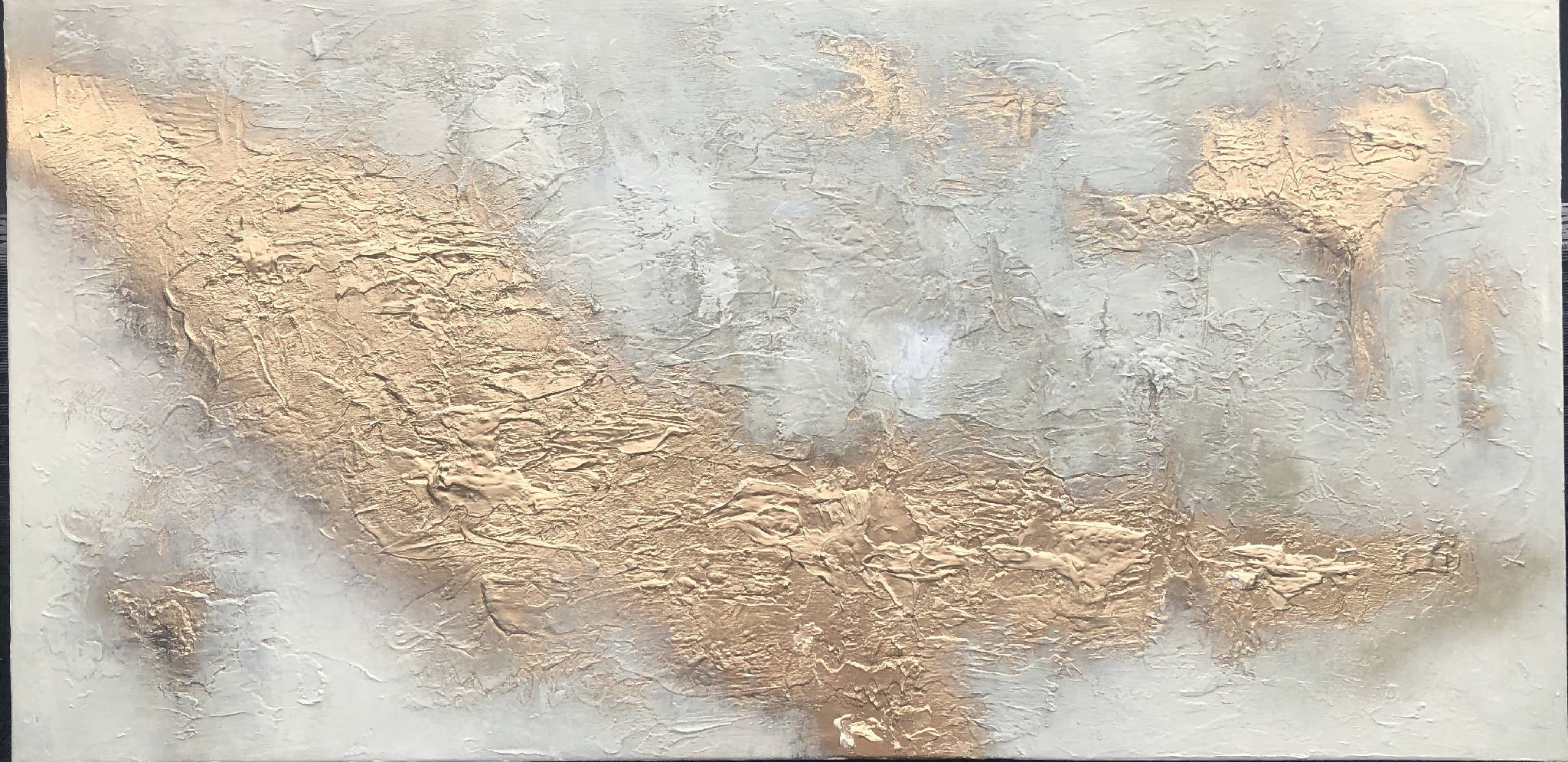 HALCYON - Striking mixed media textured art canvas in cream, soft grey and metallic gold (100x50x4cm)