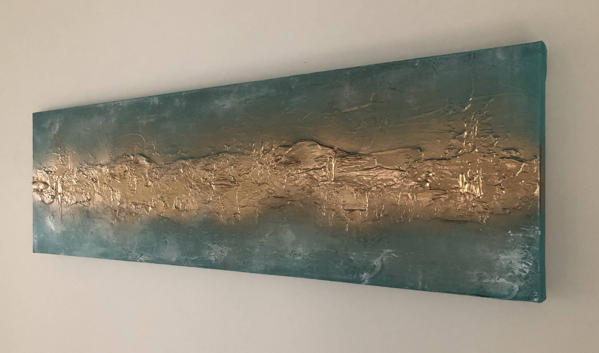 BEACH CHIC - A striking mixed media textured art canvas in weathered turquoise and metallic gold (102x30x4cm)