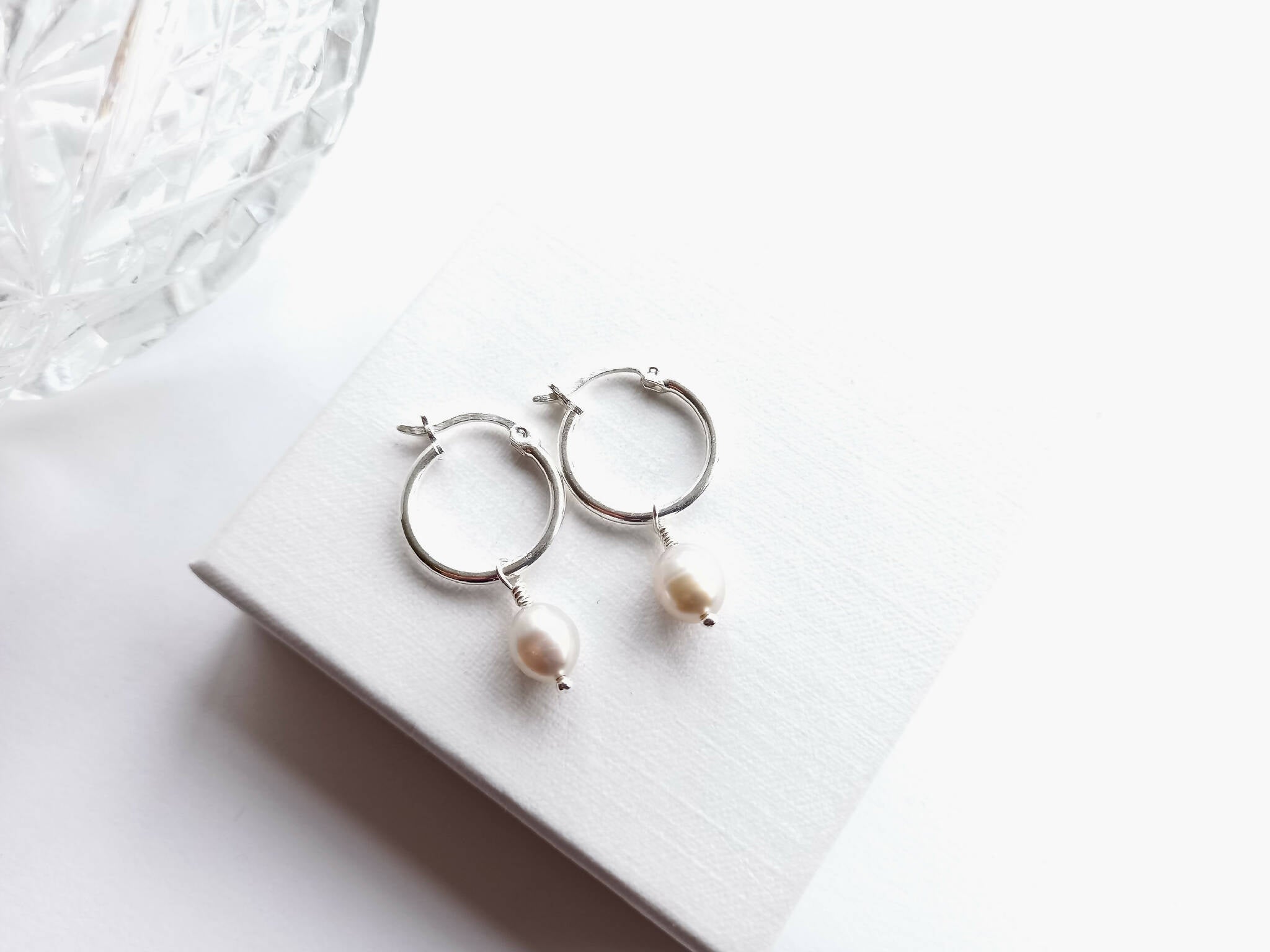 Silver white pearl hoop earrings