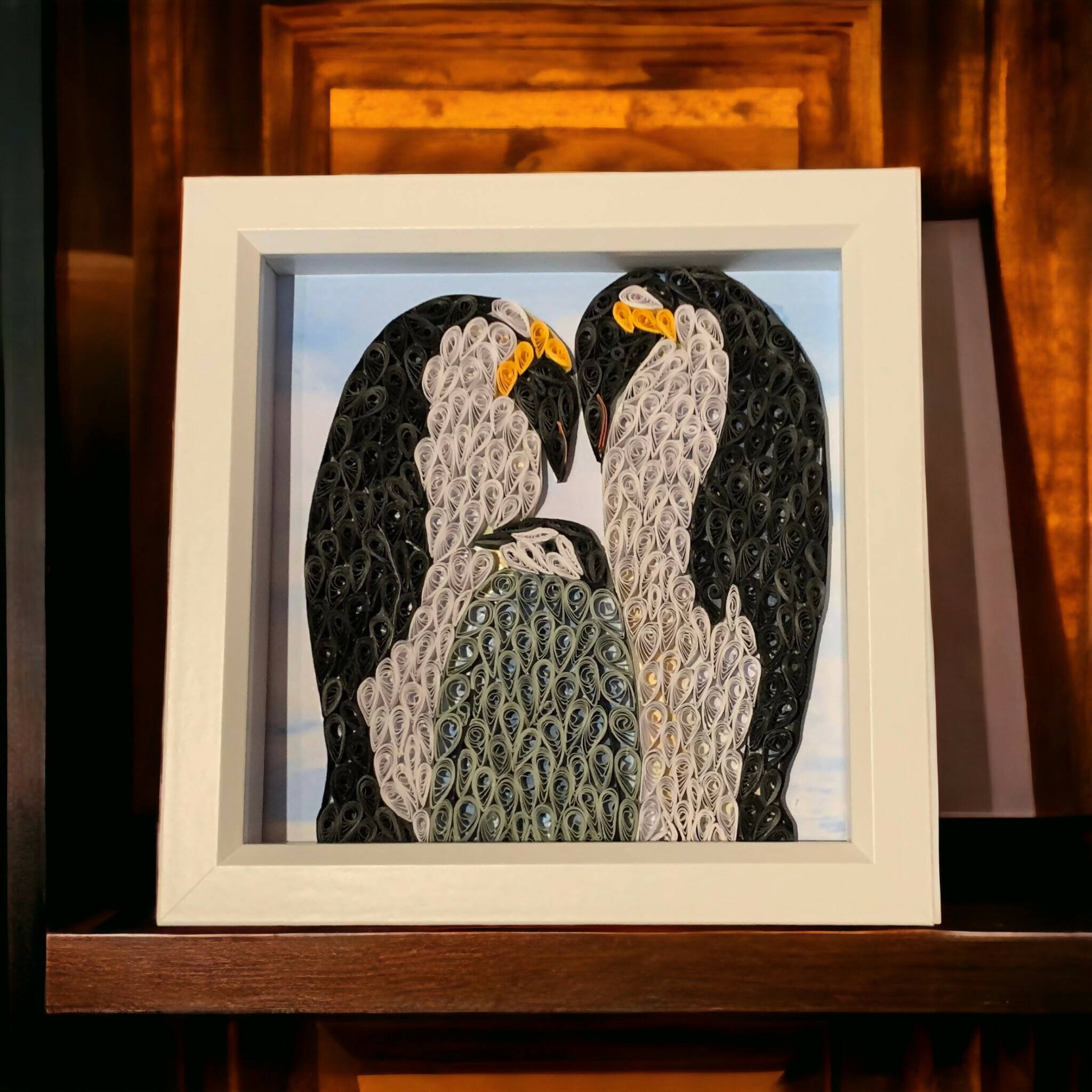 Penguin and baby art framed quilled picture