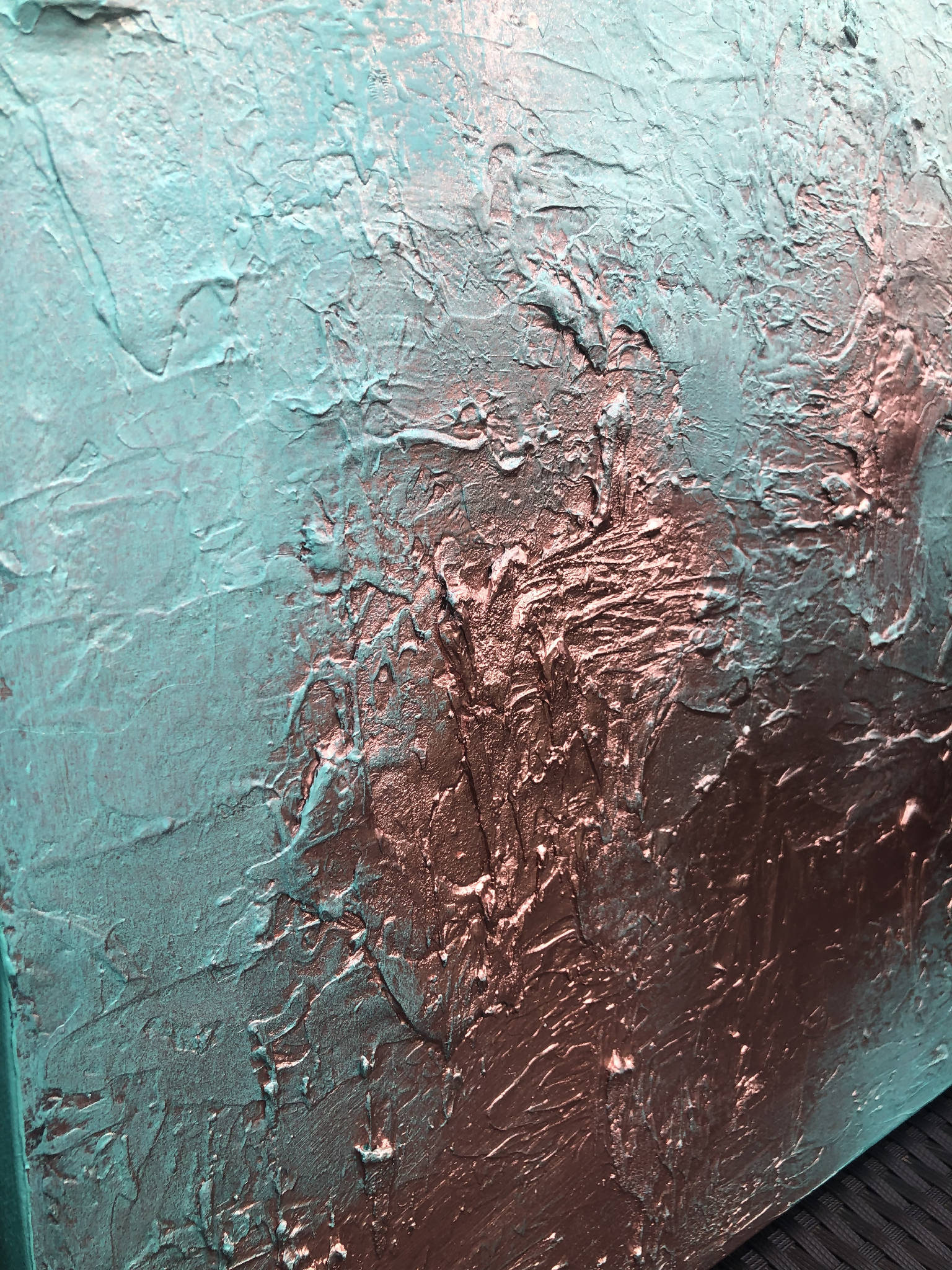 DELUXE PATINA - Pair of heavily textured copper patina canvases (97x56x4cm)