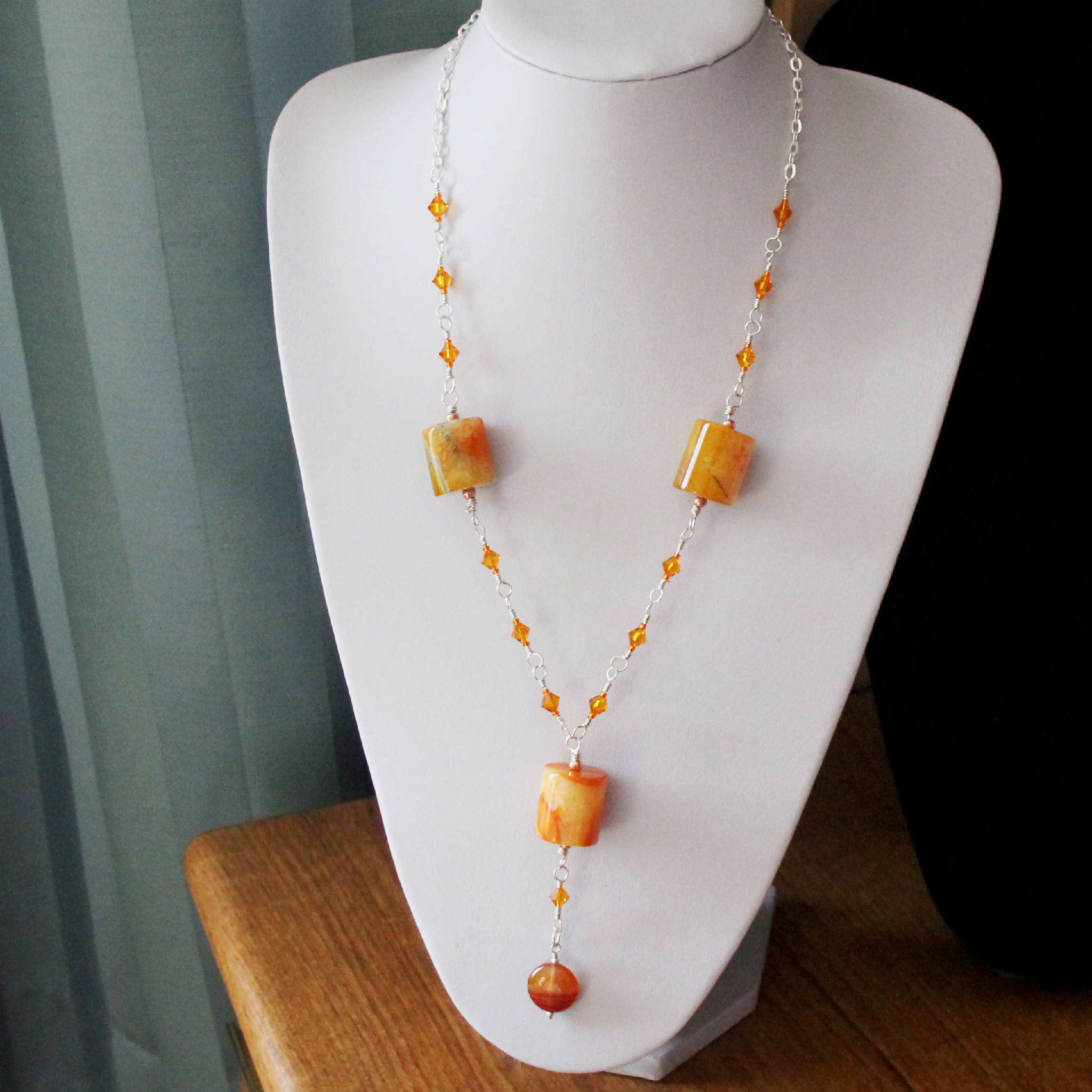 Agate Cylinder and Swarovski Crystal Necklace (111)