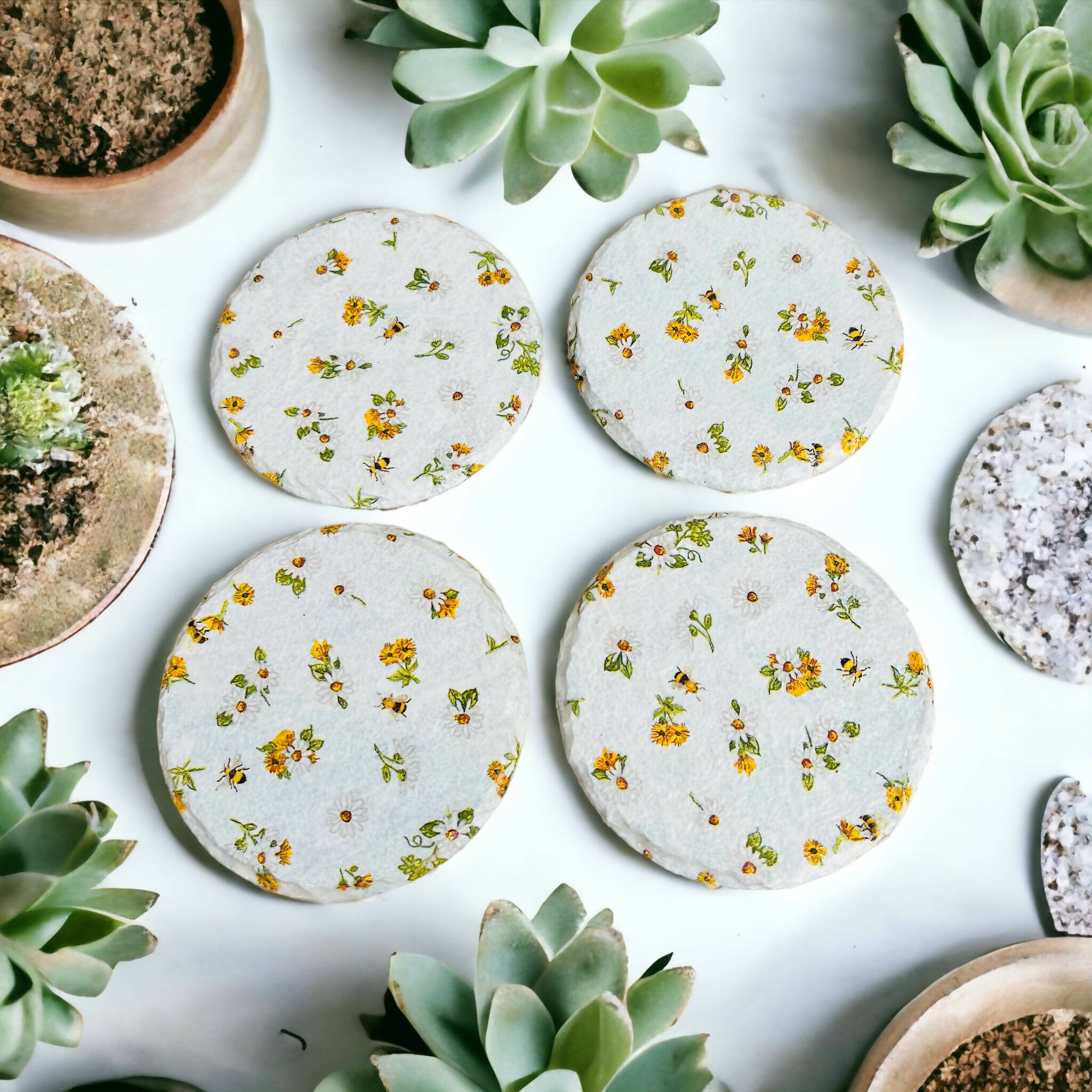 Slate daisy and bee coasters