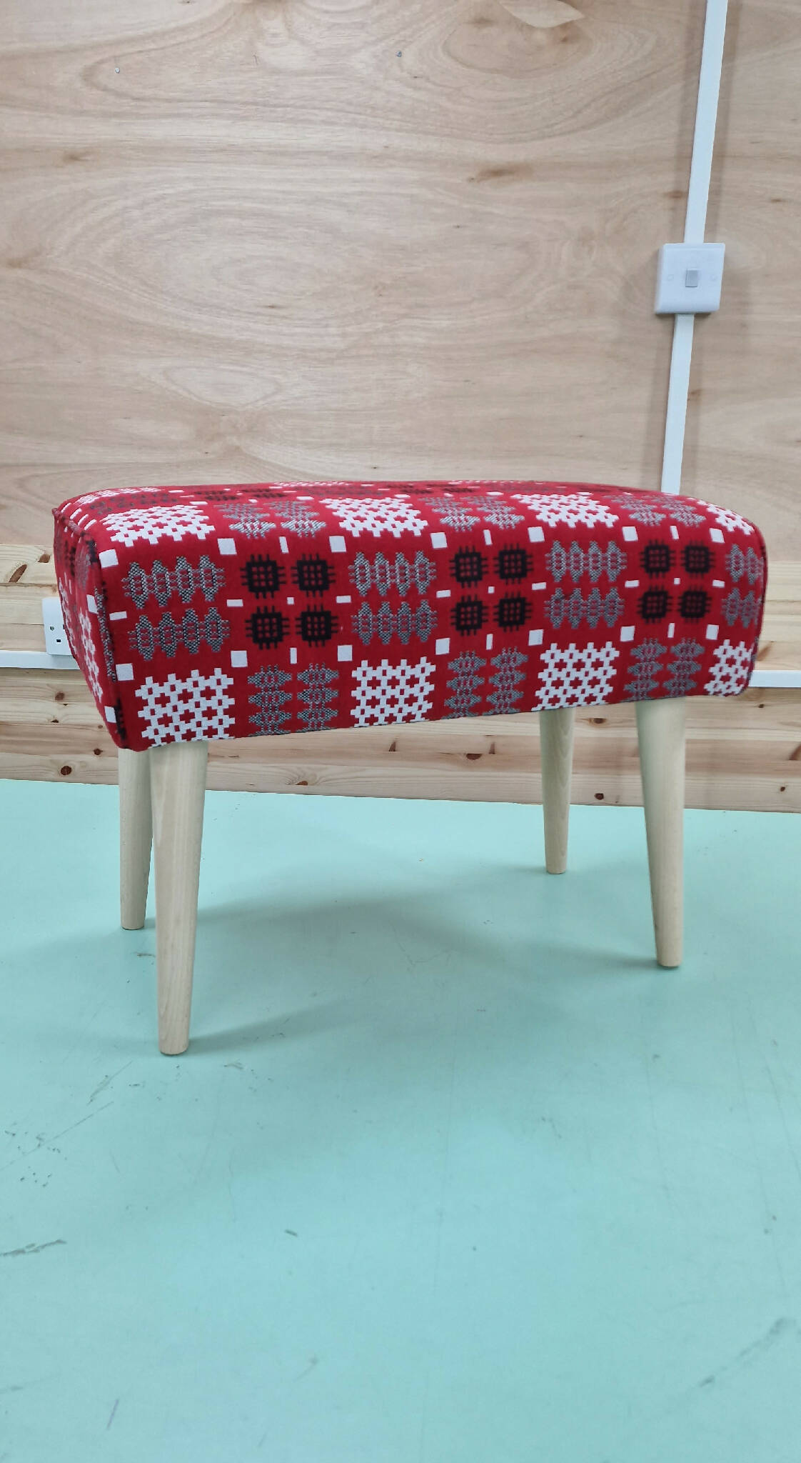 Red Welsh Tapestry woven fabric designed stool handmade