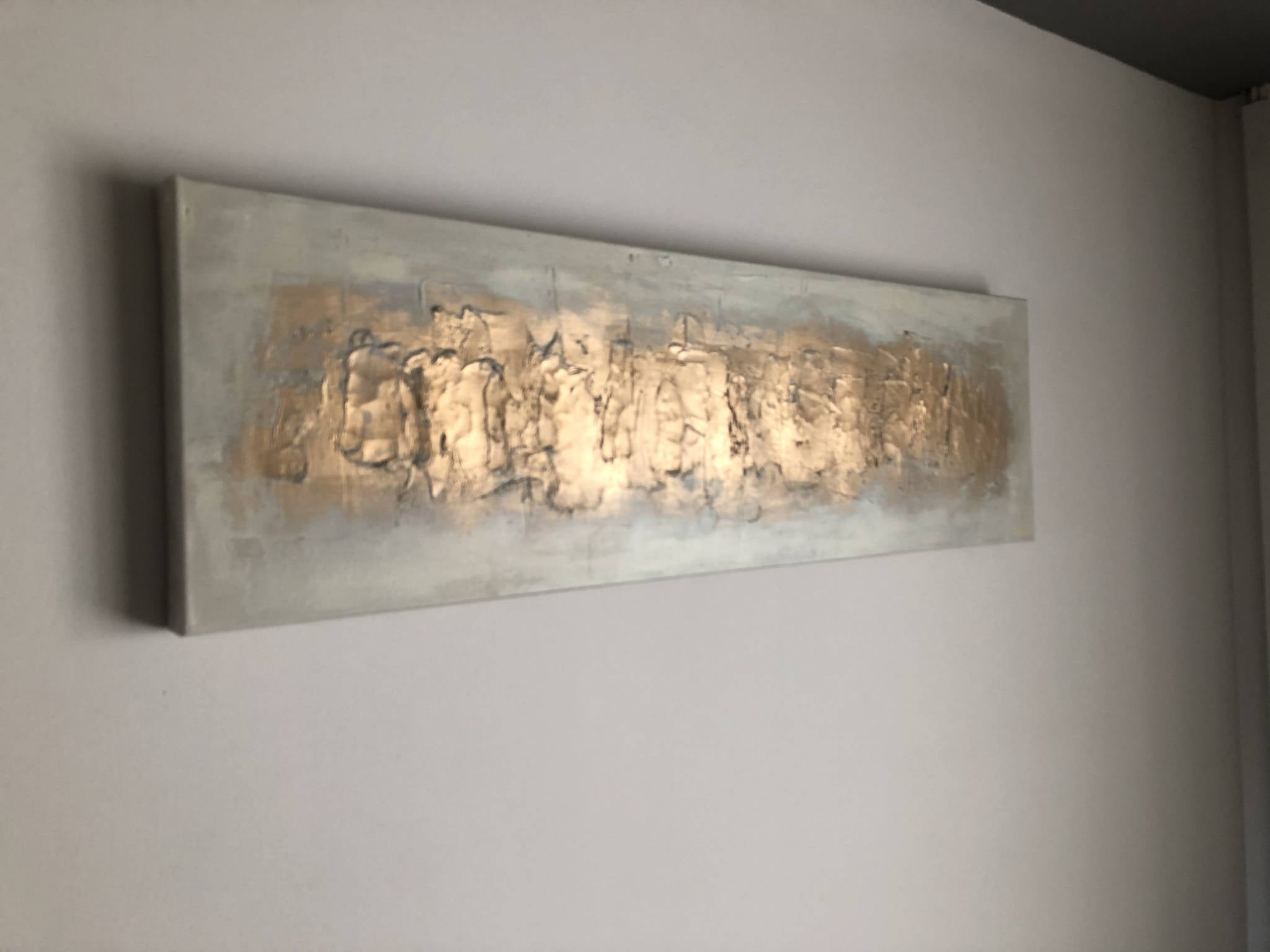 DISTRESSED GOLD - Original mixed media acrylic canvas in cream/soft grey and gold (100x30x4cm)